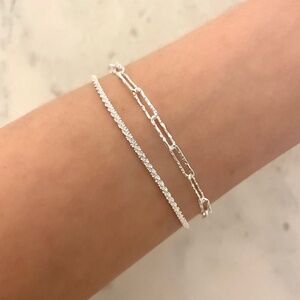 925 Sterling Silver Thin Multi Layer Bracelet Sequin Paperclip Link Bracelet
